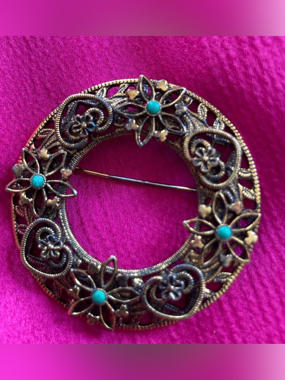Vintage Beaded Filigree Goldtone Brooch Pin Pendant Flowers Hearts Sky B…